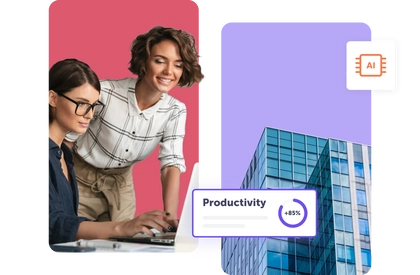 Two women collaborating on a laptop with a modern office background and productivity stats.